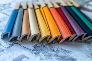 Colorful edging samples lying on architectural plans for interior design project photo
