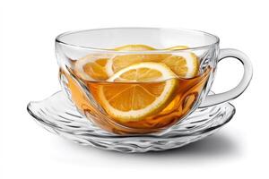 Glass teacup with lemon slices on white background, refreshing tea time photo