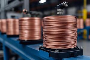 Production of copper wire, cable rod in reels at factory photo