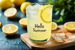 Refreshing lemonade welcoming summer with ice and lemon slices photo