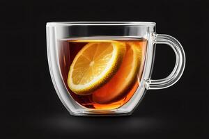 Glass double walled mug containing lemon tea on black background photo