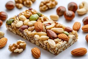 Nutritious cereal bar with mixed nuts for a healthy snack photo