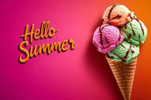 Ice cream cone welcoming summer on vibrant gradient background photo