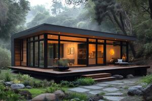 Modern house illuminating a forest at dusk with large windows and patio photo