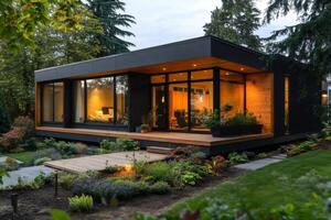 Modern sustainable home with large windows and landscaped garden lighting up at dusk photo