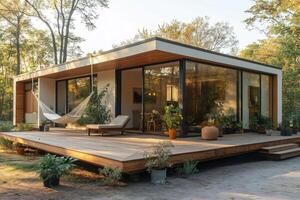 Modern prefabricated sustainable wooden house with large windows and hammock on the terrace enjoying nature photo
