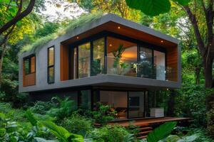 Modern sustainable house surrounded by lush green forest photo