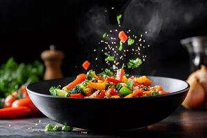 Steaming hot mixed vegetables falling into bowl, cooking delicious and healthy meal photo