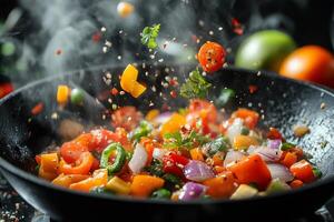 Chef tossing colorful vegetables and spices in wok pan photo