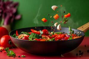 Fresh vegetables and spices falling into wok with steam cooking over colorful background photo