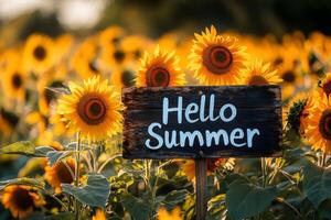 Sunflowers blooming in summer field with hello summer sign photo