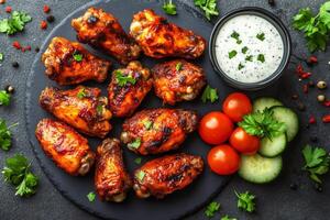 Grilled chicken wings decorated with herbs and served with white sauce, cucumbers and tomatoes photo