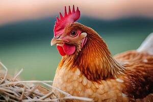 Hen resting on straw in farm at sunset, poultry farming concept photo
