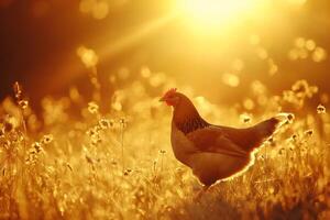 Free range hen enjoying golden hour sunlight in a field photo