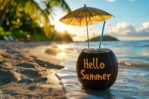 Coconut with straw and umbrella greeting summer on tropical beach photo