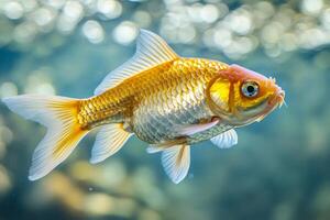 Goldfish swimming in aquarium with bokeh effect background photo