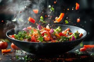 Wok with flying vegetables, onions, broccoli and pepper cooking in steam photo