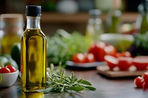 Bottle of extra virgin olive oil with rosemary and vegetables in background photo