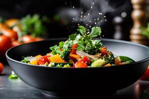 Sesame seeds falling on steaming hot mixed vegetables in black bowl photo