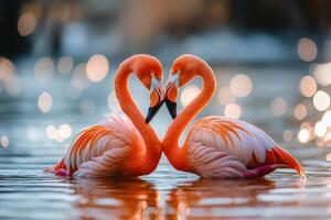 Two flamingos creating heart shape with their necks photo