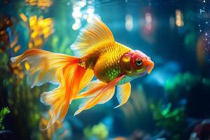 Goldfish swimming in aquarium with algae and blurred background photo