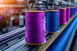 Industrial sewing machine processing colorful spools of thread in textile factory photo