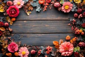 Autumn flowers frame creating copy space on rustic wooden background photo