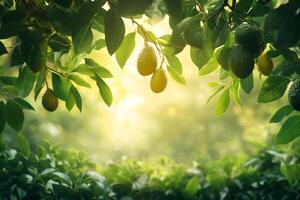 Ripe avocados hanging on tree branch in sunny orchard photo
