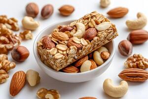 Nutritious cereal bar with mixed nuts resting on small white bowl photo
