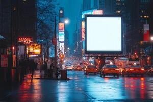 Big empty billboard displaying on wet times square street at night photo