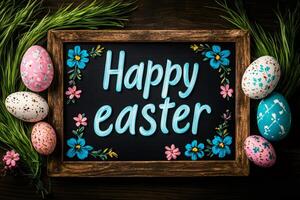 Happy easter greeting on blackboard framed with colorful eggs and grass photo