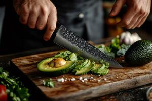 Chef slicing fresh avocado on wooden cutting board with sharp knife photo