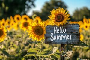 Sunflowers blooming in field with hello summer sign announcing summer season photo