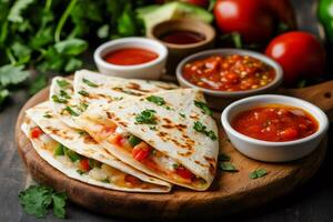Delicious quesadillas with vegetables and cheese filling served with various spicy sauces photo