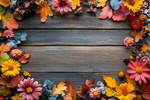 Autumn floral frame creating copy space on rustic wooden background photo