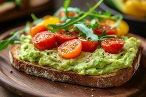 Toasted whole wheat bread with mashed avocado, tomatoes and arugula creating a healthy snack photo