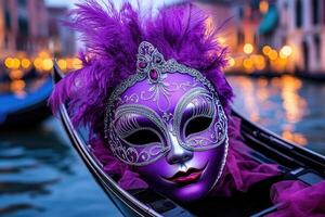 Purple venetian carnival mask resting on gondola in venice, italy at twilight photo