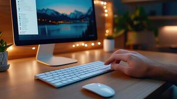 Software developer working from home at night using desktop computer photo