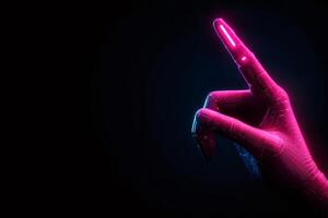 Robotic hand pointing with index finger in neon lights photo
