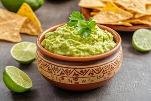 Guacamole with tortilla chips and lime wedges displayed on table photo