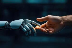 Robot hand touching human hand showing artificial intelligence and human connection photo