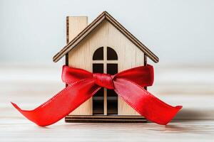 Small wooden house model with red bow celebrating buying new home photo