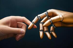 Human finger touching robotic finger symbolizing connection between humans and ai photo