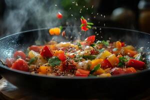 Chef adding sesame seeds to wok with hot steaming vegetables photo