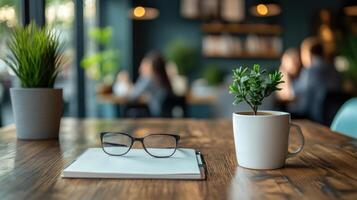 Notepad, eyeglasses and plant resting on cafe table with customers enjoying in background photo