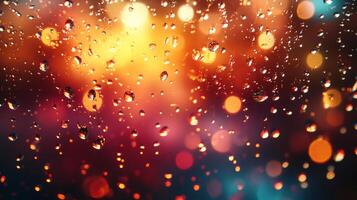Rain drops falling on glass with colorful bokeh background photo