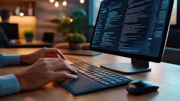 Software developer programming javascript website on computer in office at night photo