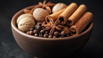Aromatic spices creating warm and inviting atmosphere in rustic bowl photo