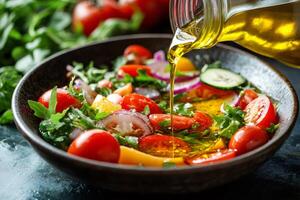 Pouring olive oil over fresh vegetable salad with cherry tomatoes, cucumber, and arugula photo