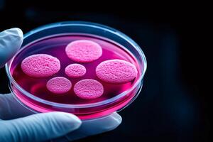 Scientist holding petri dish with growing bacteria colonies for microbiology research photo
